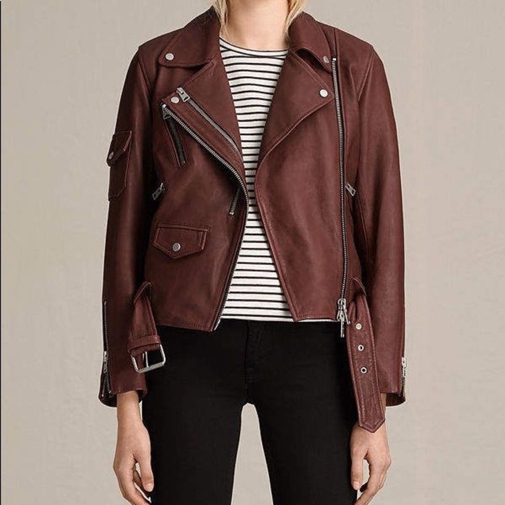allsaints harland leather biker jacket burgundy